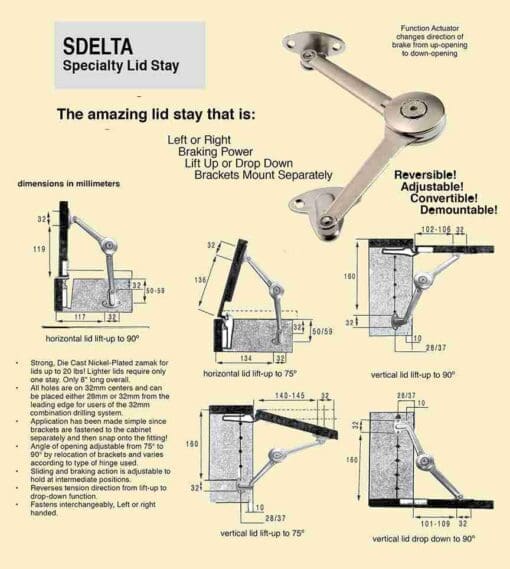 REVERSIBLE ADJUSTABLE CONVERTIBLE LID SUPPORT STAY S-DELTA